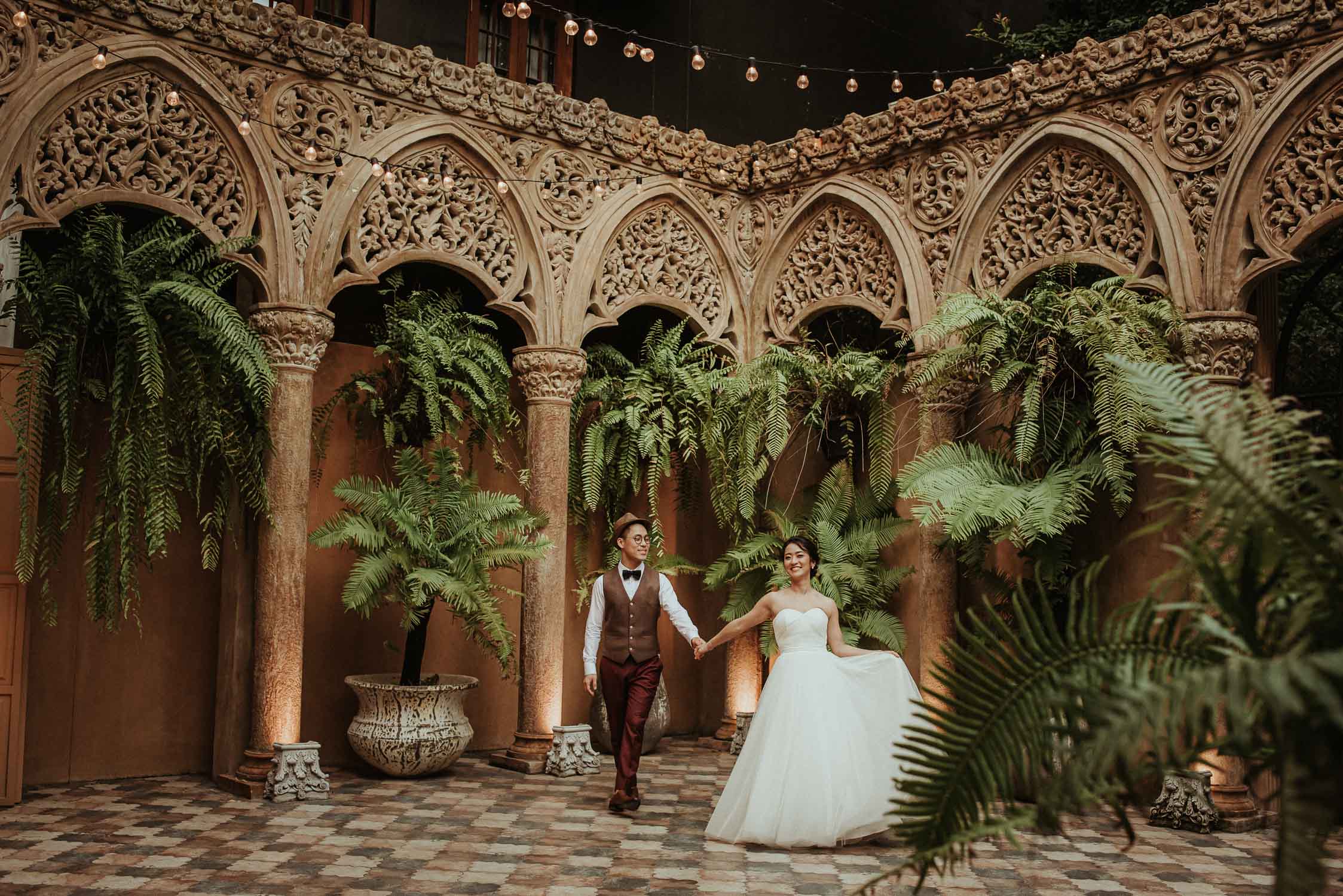 bride and groom walking happily